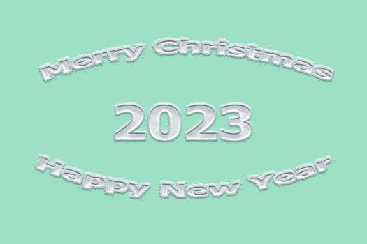 3D illustration New Year concept 2023 design with text snow design on a beach glass color background.