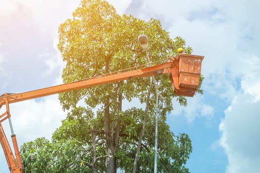 Use crane to lift the light bulbs to repair the light pole
