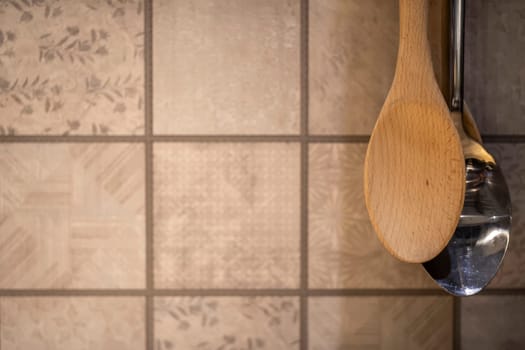 Wooden ladle and Ladle stainless steel for background