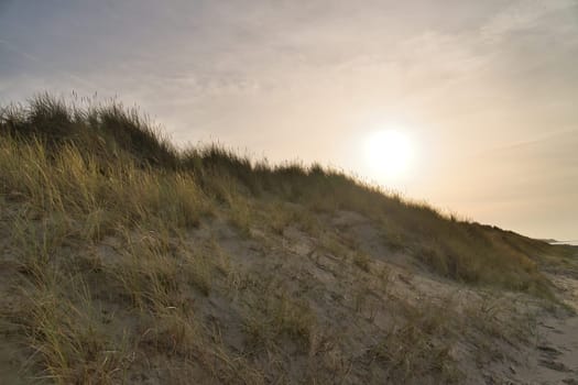 Beach crossing in Denmark by the sea. Dunes, sand water and clouds on the coast. Trip to the Baltic Sea. Vacation on the beach. Scandinavia landscape