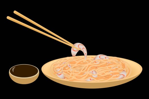 Wok noodles with shrimps in a bamboo plate with chopsticks and soy sauce on a black background. Vector image.