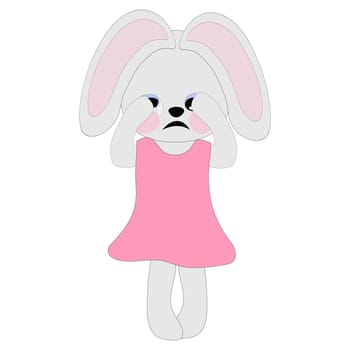 A bunny girl in a pink dress cries, covering her muzzle with her paws. Symbol of 2023. Coloring book for children. Vector image.