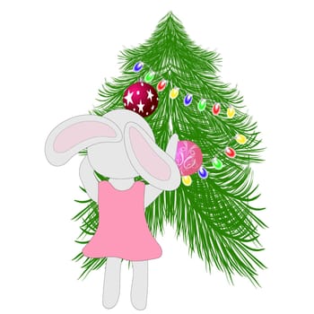Bunny girl in a pink dress and a bow with a balloon on a white background. Symbol of 2023. Vector illustration.