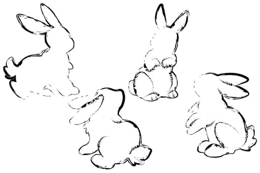 Silhouettes of four rabbits in grunge style on a white background. Symbol of 2023. Coloring book for children. Vector image.