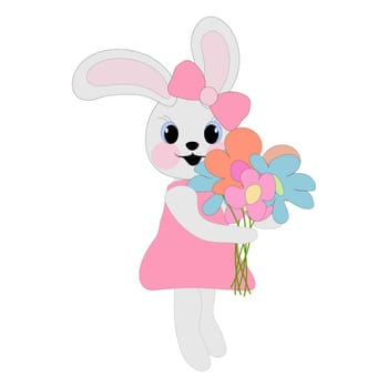 Bunny girl in a pink dress holding flowers in her paws. Symbol of 2023. Easter concept. Coloring book for children. Vector image.