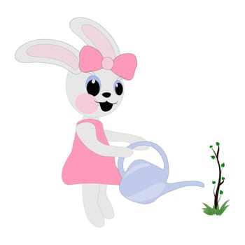 Bunny girl in a pink dress and a bow with a balloon on a white background. Symbol of 2023. Vector illustration.