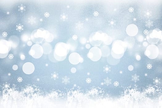 Abstract blurred festive light blue winter christmas or Happy New Year background texture with shiny blue and white bokeh lighted glittering snowflakes and stars. Space for your design. Card concept.