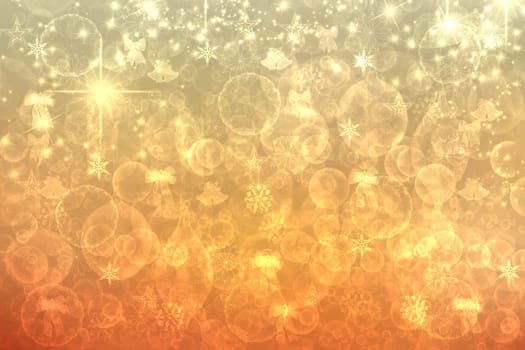 A festive abstract delicate golden gradient yellow orange background texture with glitter defocused sparkle bokeh circles and stars. Card concept for Happy New Year, party invitation, valentine or other holidays.