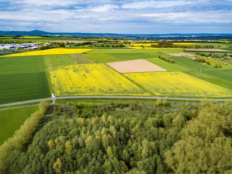 Drone shot from german landscape with meadows in Hesse.