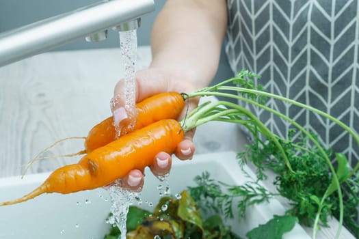 Female hands washing fresh carrot under water jet in kitchen sink closeup. Dirty raw orange carrot with green haulm. Cooking, prepare ingredients, food cleaning. Healthy nutrition, vegetables.
