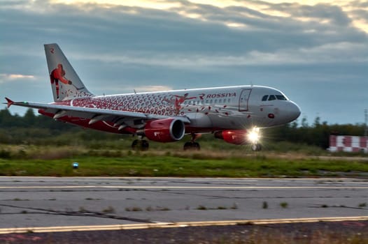 The Boeing plane is landing. Talagi Airport, Arkhangelsk, Russia, 27,08,2022. High quality photo
