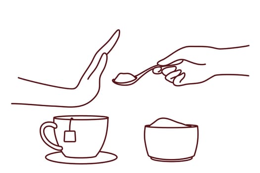 Person say no to sugar in tea or coffee. Man or woman make hand gesture refuse from sweet additives follow healthy lifestyle. Vector illustration.