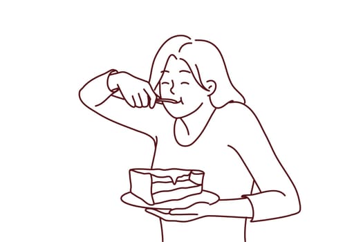 Hungry young woman eating cake suffer from eating disorder. Happy girl enjoy chocolate dessert. Guilty pleasure. Vector illustration.