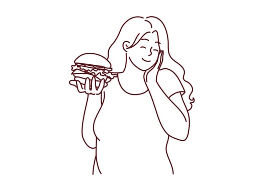 Happy overweight woman holding burger excited about fast food. Smiling fat girl eating fatty unhealthy hamburger. Diet and nutrition. Vector illustration.