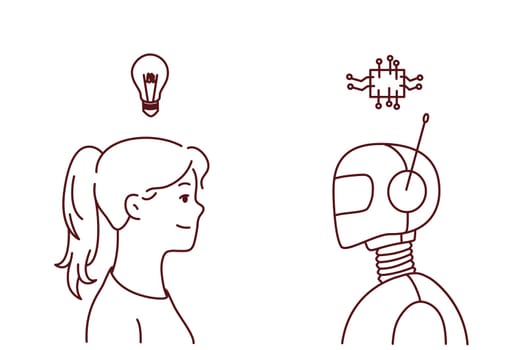 Young woman with lightbulb above head and robot exchange thoughts generate ideas. Concept of artificial intelligence and human intellect. Vector illustration.