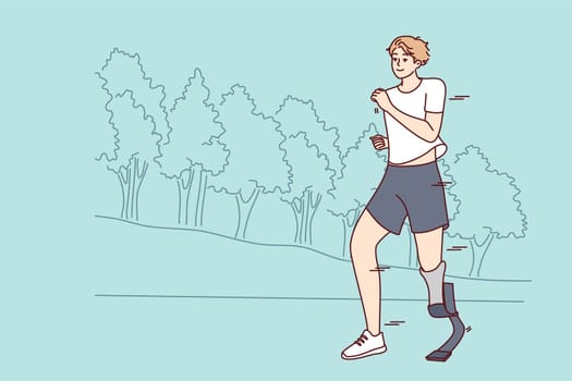 Smiling young man with prosthetic leg running in park. Happy disabled male with prosthesis jogging training outdoors. Disability and normal life. Vector illustration.