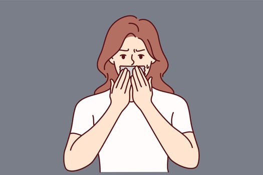 Worried woman put tape on mouth struggle with speech freedom and censorship. Mad girl with face closed banned from talking or sharing thoughts. Vector illustration.