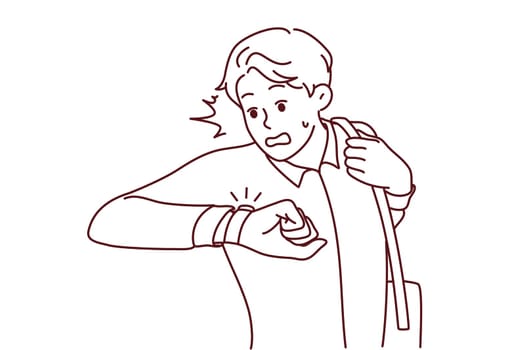 Stressed man look at wristwatch being late for work. Unhappy guy check time worry about missed deadline. Time management. Vector illustration.