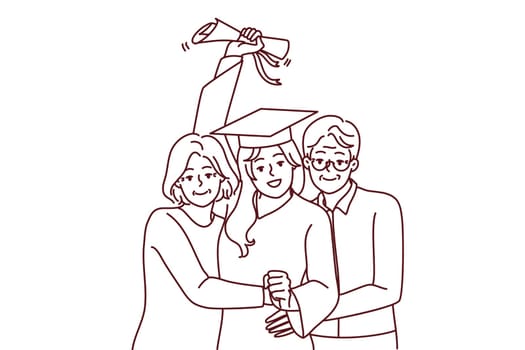 Happy elderly parents hug excited daughter in graduation mantle holding diploma. Smiling mature mom and dad embrace happy girl graduate from university. Vector illustration.