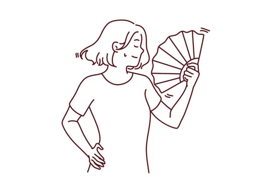 Young woman suffer from hot weather wave with hand fan. Unwell female struggle with heatstroke use waver for fresh air. Vector illustration.