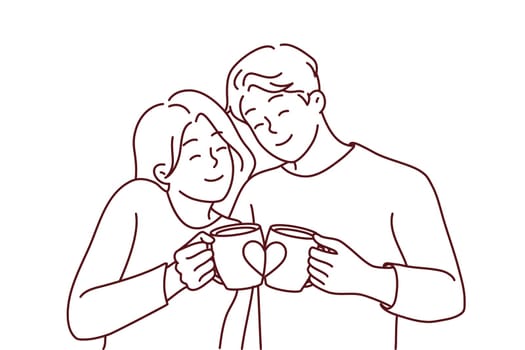 Happy couple hugging drinking coffee from lovers mugs. Smiling man and woman embrace enjoy morning tea from cute cups. Vector illustration.