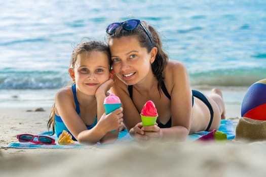 Family Ocean Beach Vacation. Mother Happiness. Happy Mom Lifestyle