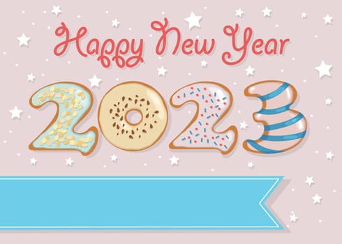 Happy New Year 2023. Number as sweet donuts with cream and nuts decor. Background with stars and confetti. Banner for custom text. Red cream text - Happy New Year.