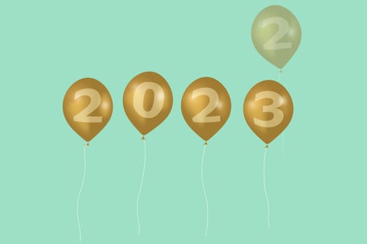 3D illustration concept New Year 2023 design with number on the balloons, the old year has passed.