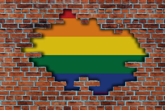 3d illustration LGBTQ rainbow flag behind the broken old stone wall background. Freedom and love concept. Activism, community and freedom Concept.