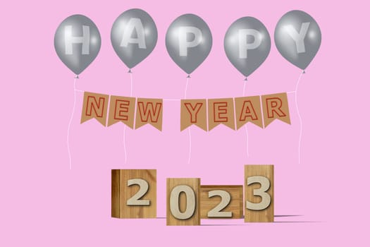 3D illustration New Year concept 2023 design with text on the wooden box and balloons on a pirouette color background.