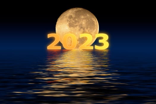 3D illustration concept New Year 2023 design with 2023 on the moon background and shadow.