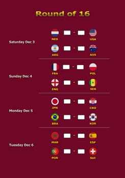 Concept 3d illustration round of 16 teams of World Cup Qatar 2022 championship.