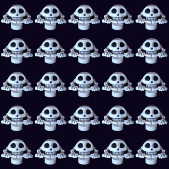 Skull and hand bones seamless pattern on a dark blue background. A repeating image for Halloween, for wrapping paper, for a trendy rocker or biker headscarf or bandana. Blueberry background.