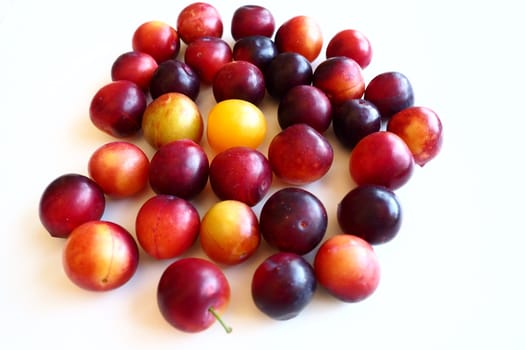 Cherry plum on a white background. A yellow-red cherry plum mix just removed from a tree. Delicious fresh plum berries. Appetizing large cherry plum for sale catalog. Food on a white background.