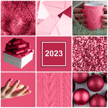Color of the Year 2023 Viva Magenta. Christmas square collage of nine trendy carmine shade backgrounds
