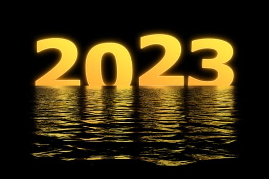 3D illustration concept New Year 2023 design with 2023 and shadows in the water.