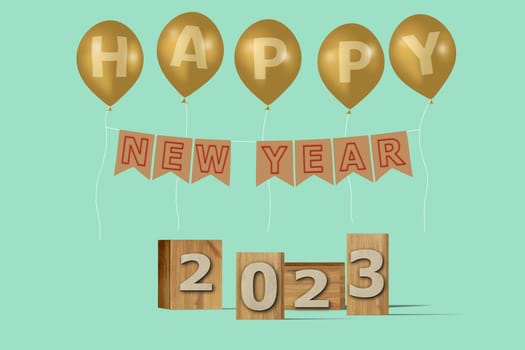 3D illustration New Year concept 2023 design with text on the wooden box and balloons on a beach glass color background.