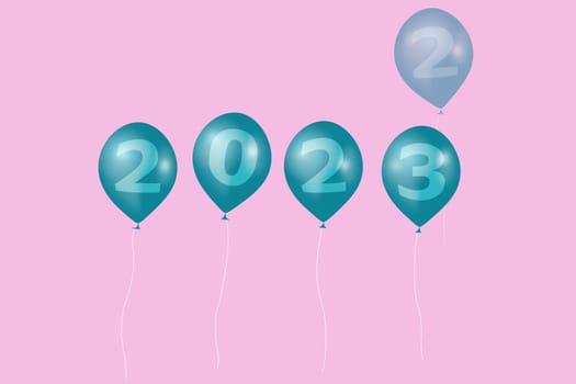 3D illustration concept New Year 2023 design with number on the balloons, the old year has passed.