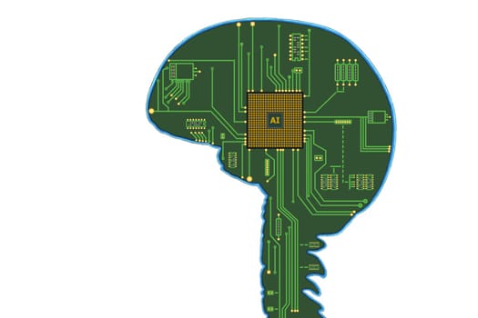 Concept 3d illustration of electronic chip in form of human brain in electronic cyberspace. Artificial intelligence in brain.
