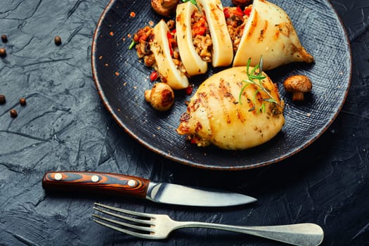 Grilled squids with vegetable stuffing. Stuffed calamari. Mediterranean food