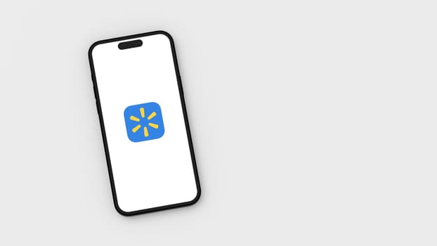 Walmart Logo on Mobile Phone Screen on Flat Light Gray Background with Copy Space 3D Render Illustration, Top View