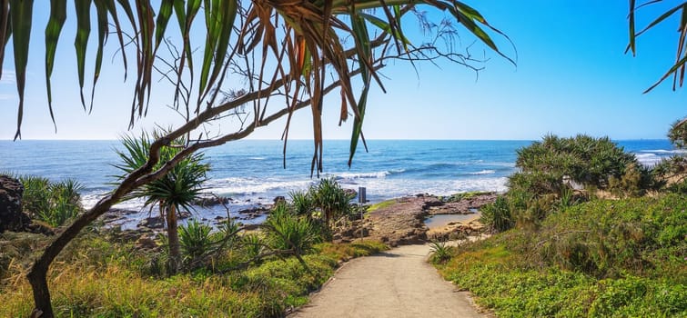 Coastal scenic view from the pathway leading down to the beach at Point Arkwright, Coolum, Sunshine Coast, Queensland, a very popular tourist or holiday destination.