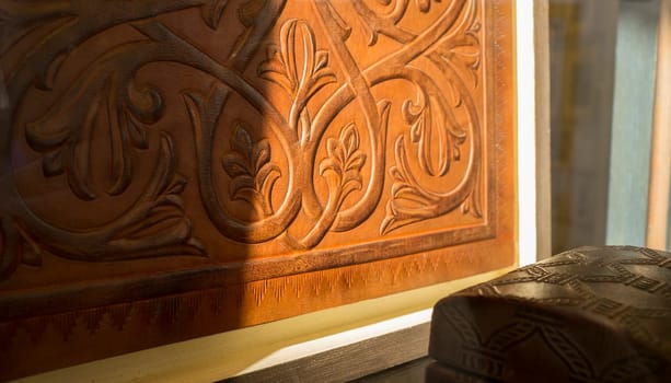 Pieces made with cordoban leather decoration technique. Cordoba, Andalusiaa, Spain