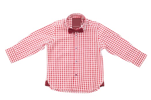 Checked shirts. Close-up of a red and white tartan or plaid shirt for mens isolated on a white background. Clipping path. Summer fashion of mans clothes.