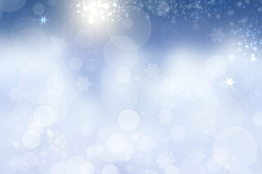 Abstract blurred festive light blue winter christmas or Happy New Year background texture with shiny blue and white bokeh lighted glittering snowflakes and stars. Space for your design. Card concept.