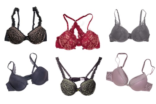 Bra set isolated. Collage of various luxurious elegant sexy colorful bra with laces and straps isolated on a white background. Fashionable women underwear.
