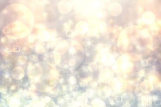 A festive abstract delicate Happy New Year or Christmas background texture with colorful gold yellow pink blurred bokeh lights and stars. Space for design. Card concept or advertising.