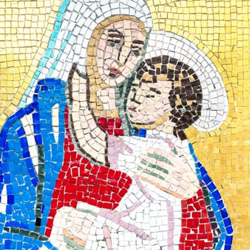 Colorful mosaic of Mary and Jesus. Mosaic representing Mary with the baby Jesus.