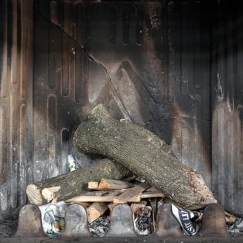 Unlit fire place and non burning logs inside background. Unlit fireplace. Fireplace off. Ready for fire.