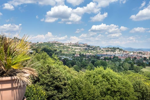 Bergamo. New and old city. Down and upper town. One of the beautiful city in Italy. Lombardia. Landscape on the old city during a wonderful blu day. Bergamo, ITALY - July 6, 2022.